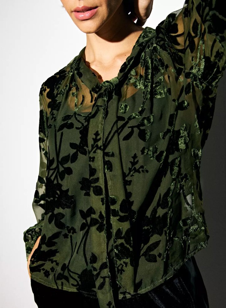Green Floral Tie-Neck Velvet Blouse